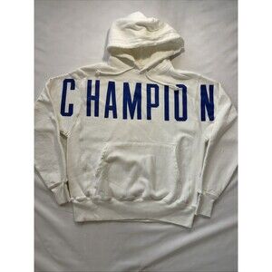 Champion Men’s Reverse Weave Big Sellout White Hoodie With Blue Logo Size Large